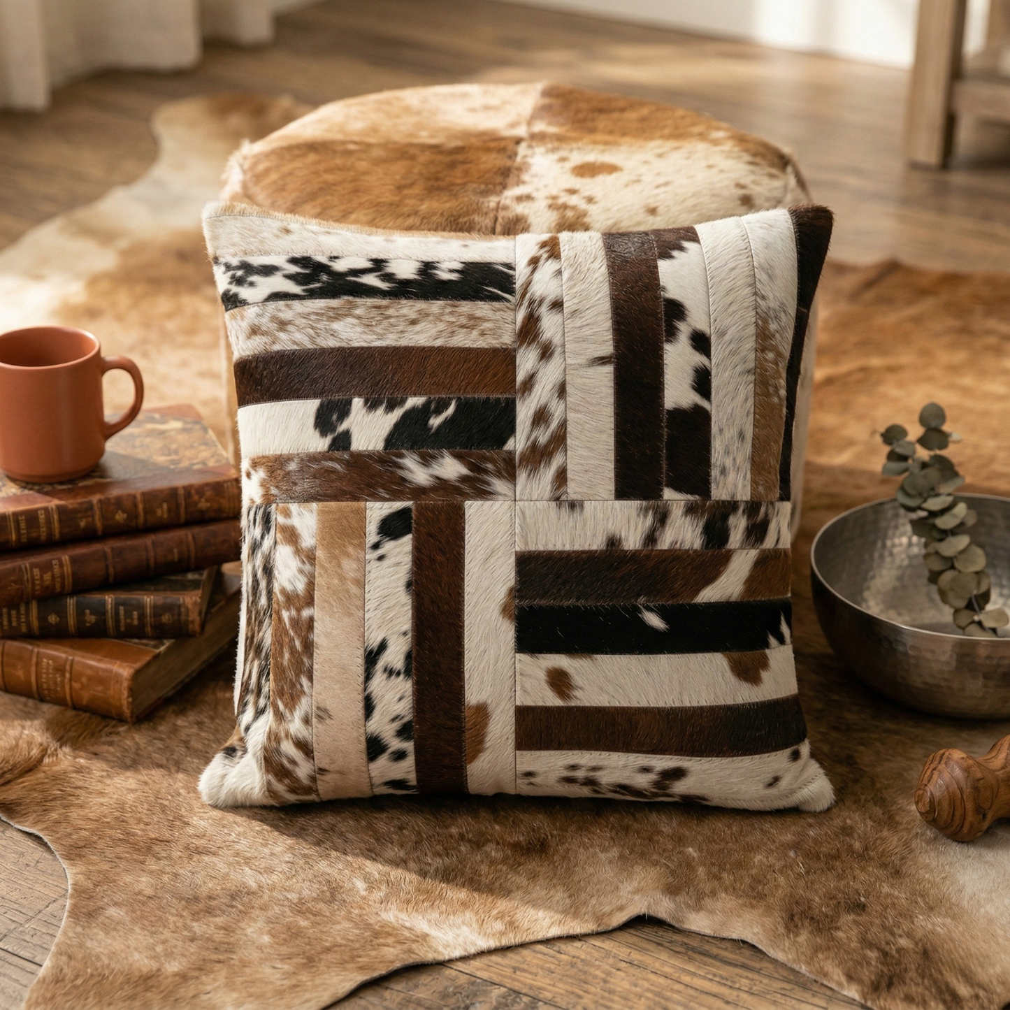 Tricolor Cowhide Patchwork Pillow - Handamde Pillow Cover