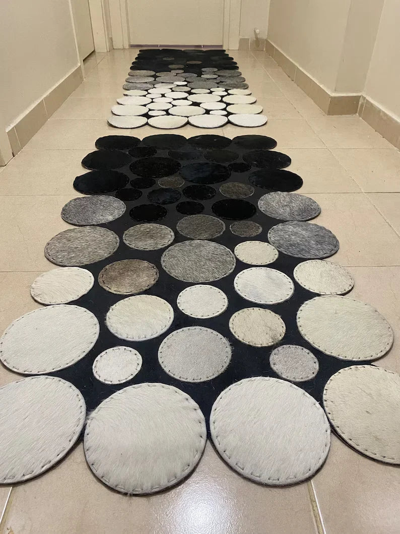 Tricolor Cowhide Runner Rug for Hallway, Natural Handmade Unique Hallway Rug