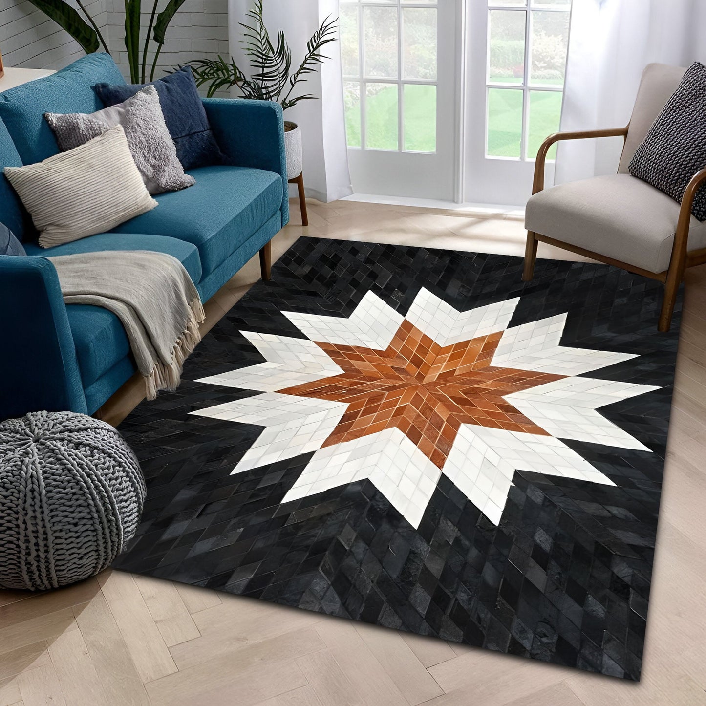 Tricolor Star Cowhide Area Rug, Unique Natural Cow Skin Rug, Living Room Rug