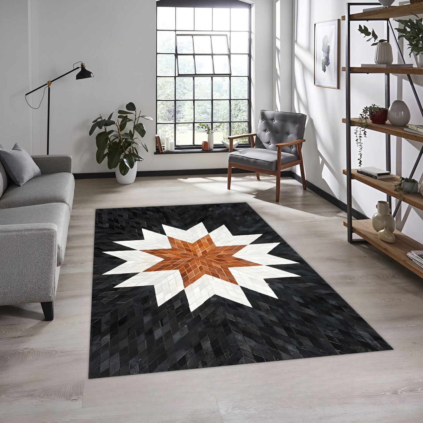 Tricolor Star Cowhide Area Rug, Unique Natural Cow Skin Rug, Living Room Rug