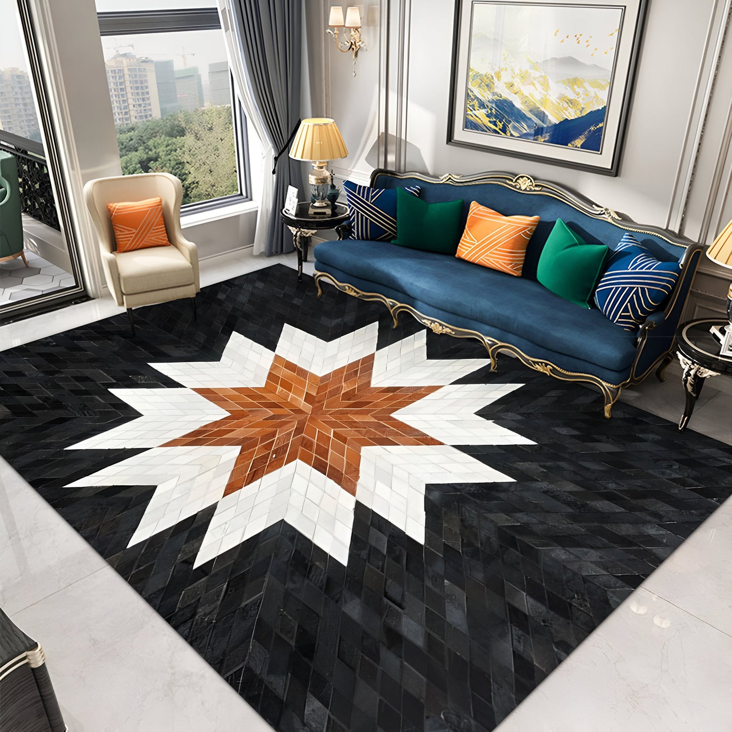 Tricolor Star Cowhide Area Rug, Unique Natural Cow Skin Rug, Living Room Rug