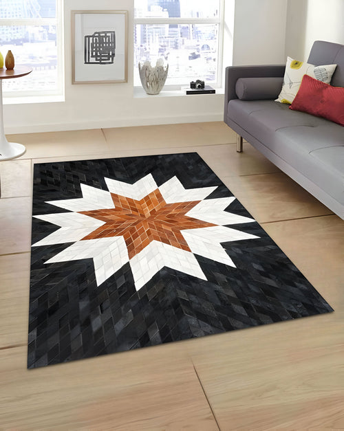 Tricolor Star Cowhide Area Rug, Unique Natural Cow Skin Rug, Living Room Rug