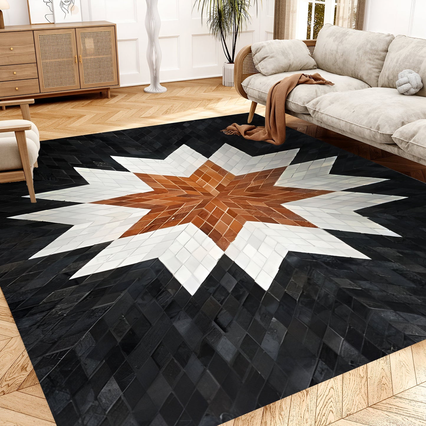 Tricolor Star Cowhide Area Rug, Unique Natural Cow Skin Rug, Living Room Rug