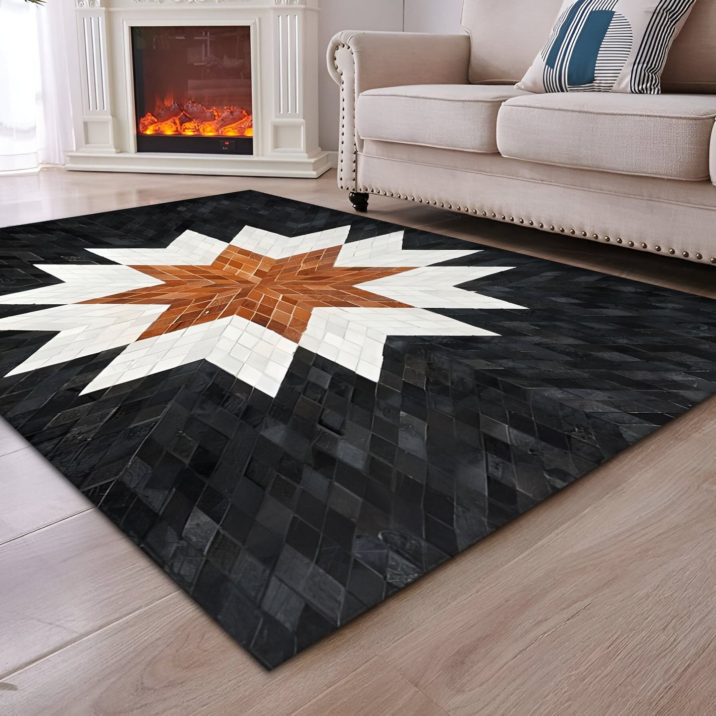 Tricolor Star Cowhide Area Rug, Unique Natural Cow Skin Rug, Living Room Rug