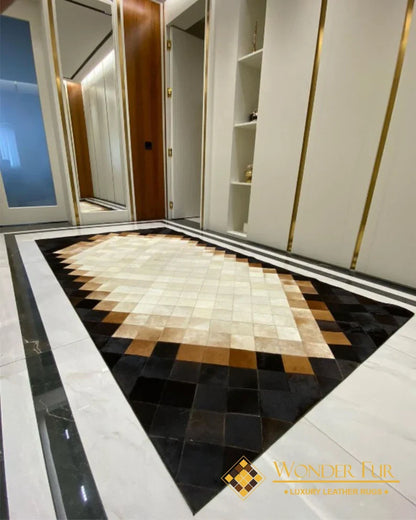 Tricolor Unique Genuine Cowhide Patchwork Rug, Handmade Cow Leather Hallway Runner, Indoor Rug