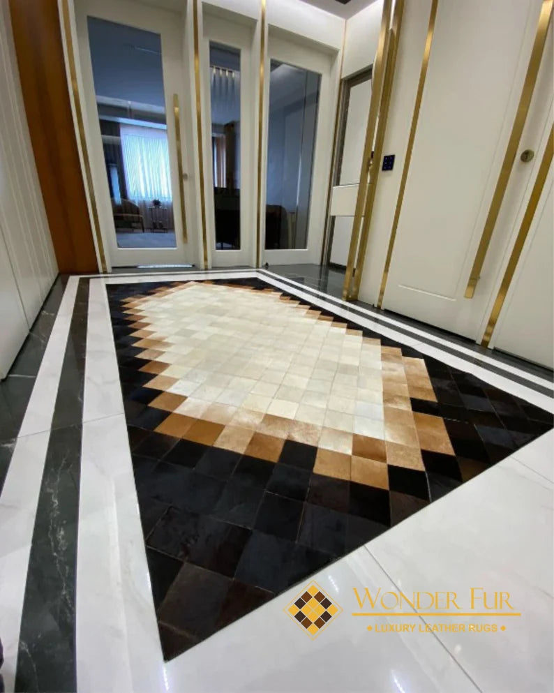 Tricolor Unique Genuine Cowhide Patchwork Rug, Handmade Cow Leather Hallway Runner, Indoor Rug