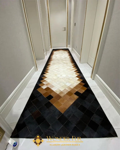 Tricolor Unique Genuine Cowhide Patchwork Rug, Handmade Cow Leather Hallway Runner, Indoor Rug