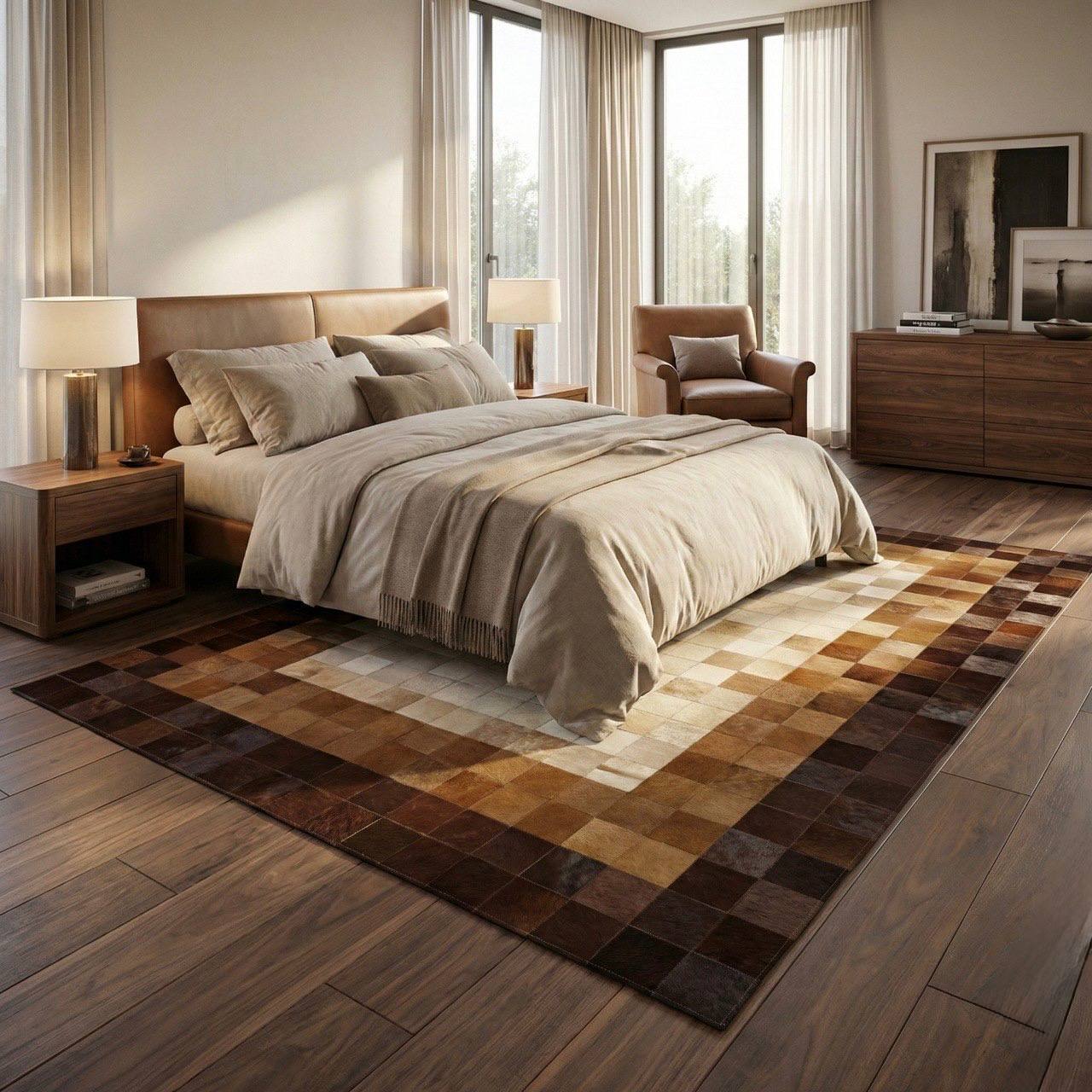 Tricolor Handmade Cowhide Patchwork Rug, Custom Size Natural Rug
