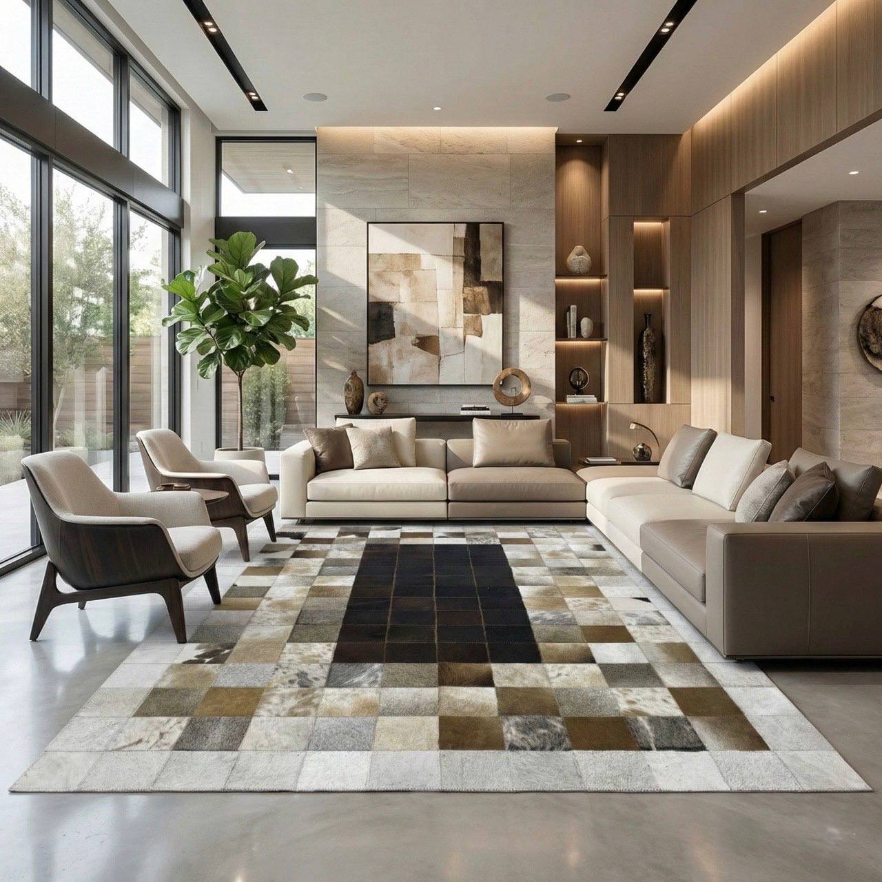 Tricolor Handmade Natural Cowhide Patchwork Rug - WONDERFURRUG
