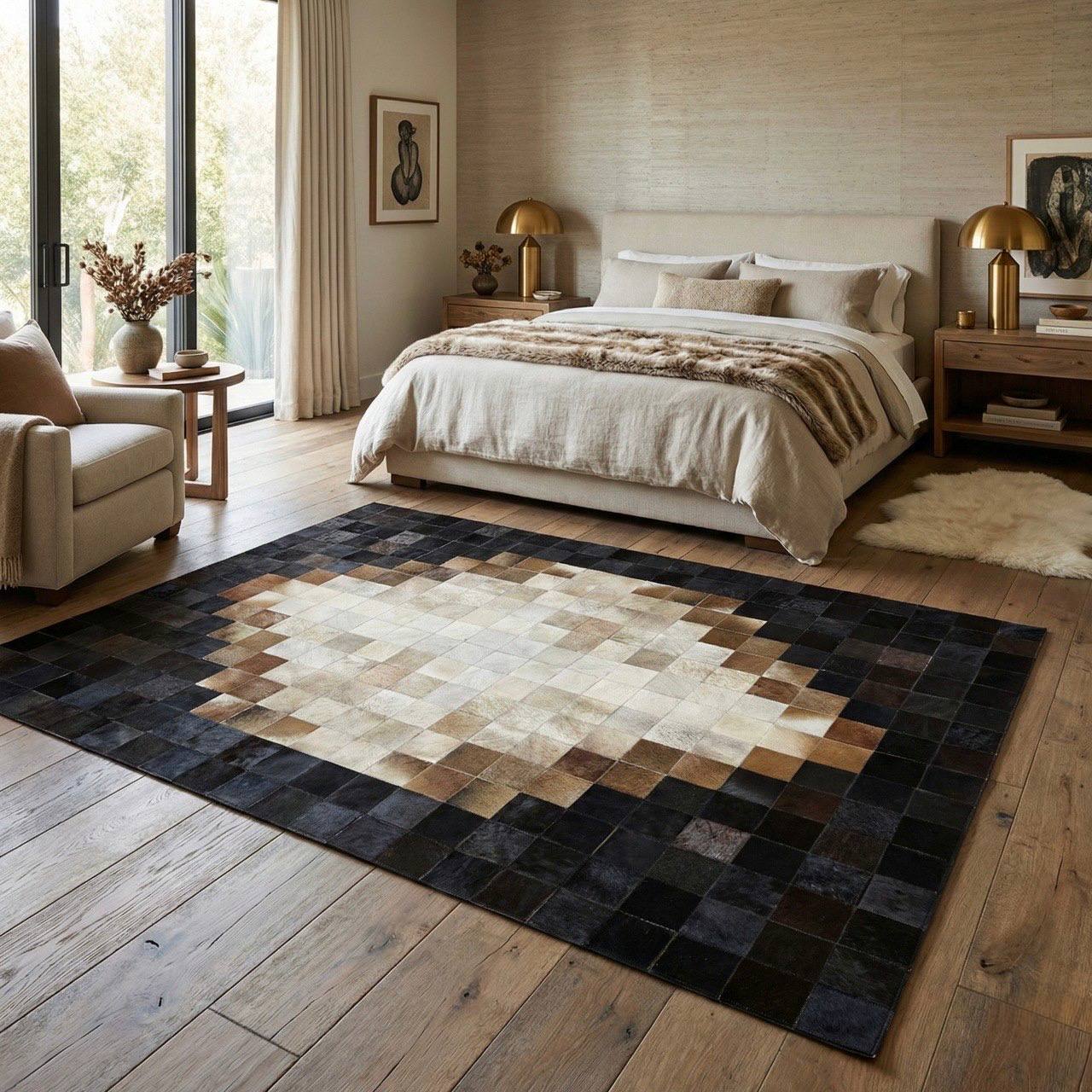 Tricolor Unique Cowhide Area 6x9 Rug, Natural Handmade Leather Cowhide Patchwork Rug