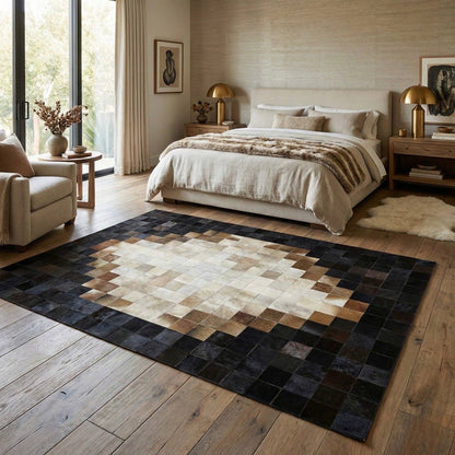 Tricolor Unique Cowhide Area 6x9 Rug, Natural Handmade Leather Cowhide Patchwork Rug
