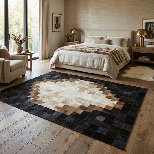 Tricolor Unique Cowhide Area 6x9 Rug, Natural Handmade Leather Cowhide Patchwork Rug