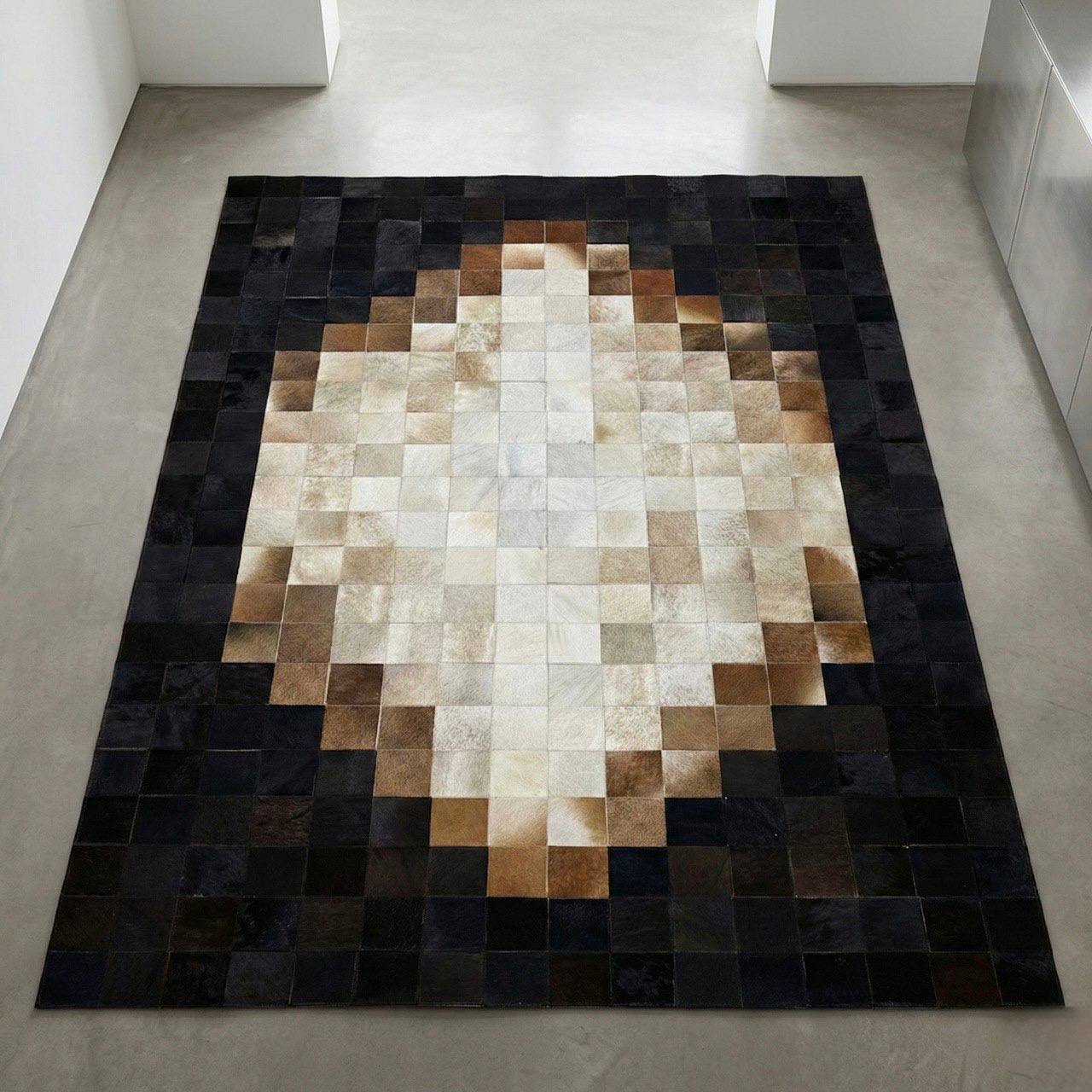 Tricolor Unique Cowhide Area 6x9 Rug, Natural Handmade Leather Cowhide Patchwork Rug