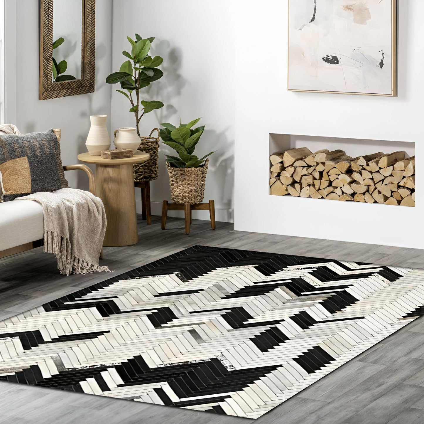 Unique Black White Natural Cowhide Area Rug, Handmade Rug for Living Room