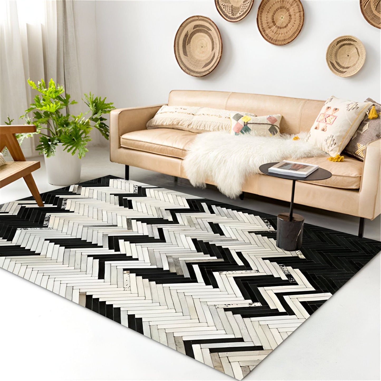 Unique Black White Natural Cowhide Area Rug, Handmade Rug for Living Room