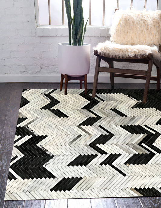 Unique Black White Natural Cowhide Area Rug, Handmade Rug for Living Room