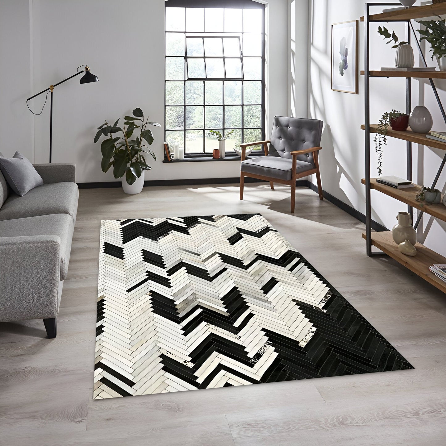 Unique Black White Natural Cowhide Area Rug, Handmade Rug for Living Room