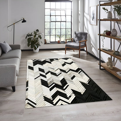 Unique Black White Natural Cowhide Area Rug, Handmade Rug for Living Room