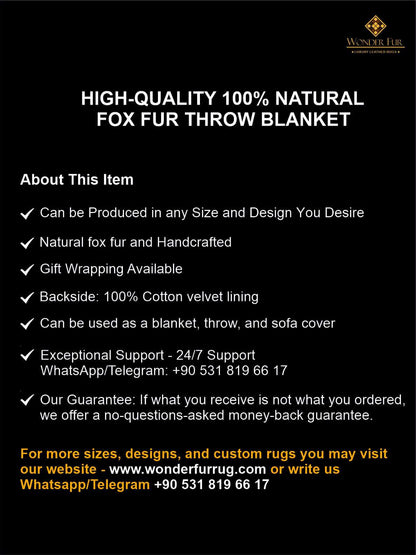 Unique Colour 100 Natural Fox Fux Blanket - Handmade Luxury Bed Cover