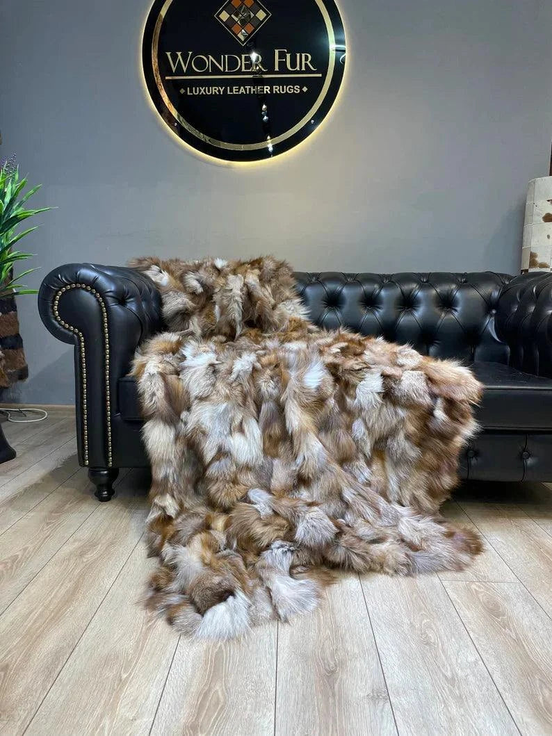 Unique Colour 100 Natural Fox Fux Blanket - Handmade Luxury Bed Cover