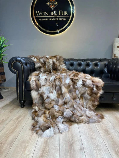 Unique Colour 100 Natural Fox Fux Blanket - Handmade Luxury Bed Cover