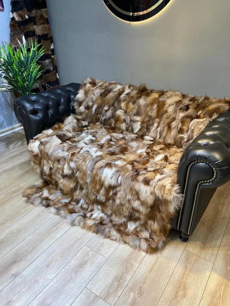Unique Colour 100 Natural Fox Fux Blanket - Handmade Luxury Bed Cover