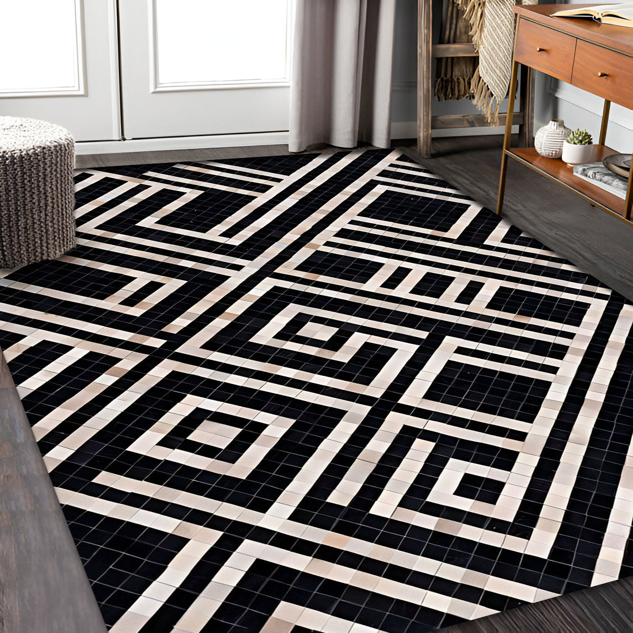 Unique Design Black White Natural Cowhide Area Rug, Handmade Cow Skin Carpet