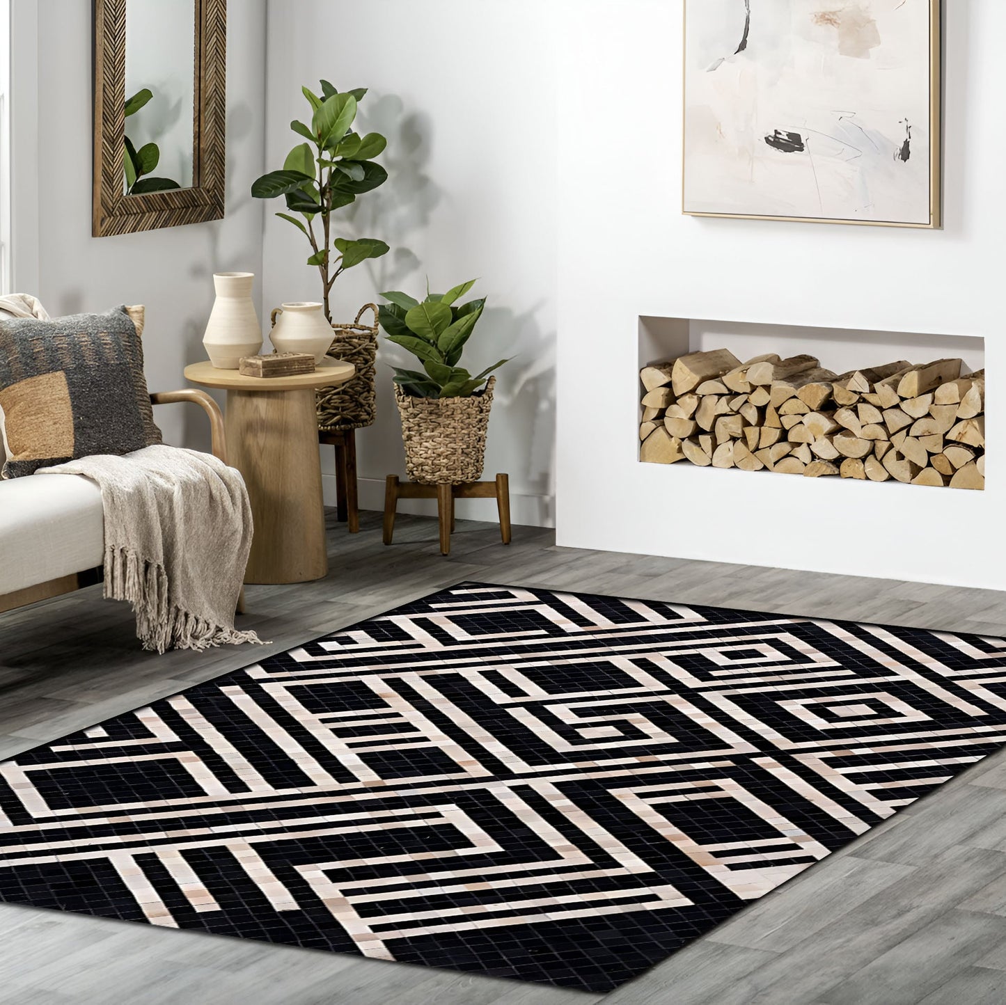 Unique Design Black White Natural Cowhide Area Rug, Handmade Cow Skin Carpet