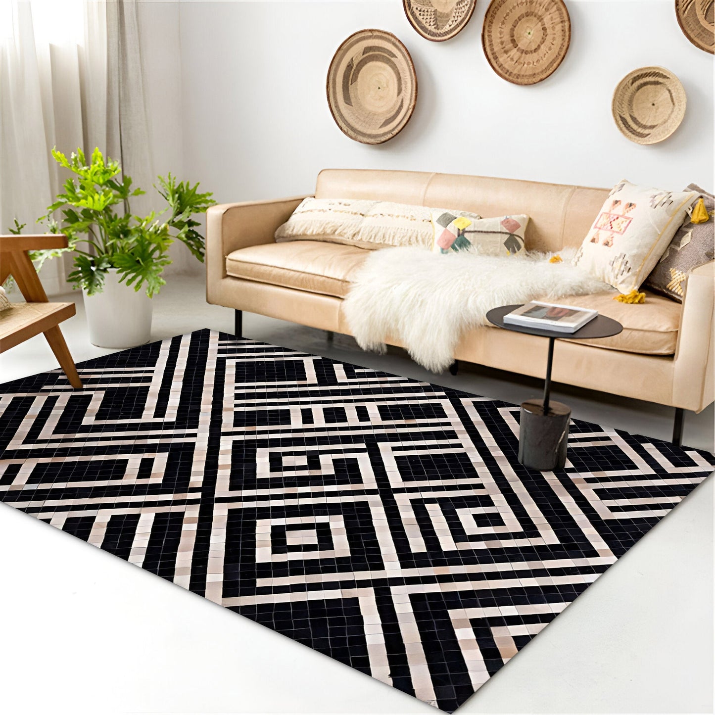 Unique Design Black White Natural Cowhide Area Rug, Handmade Cow Skin Carpet