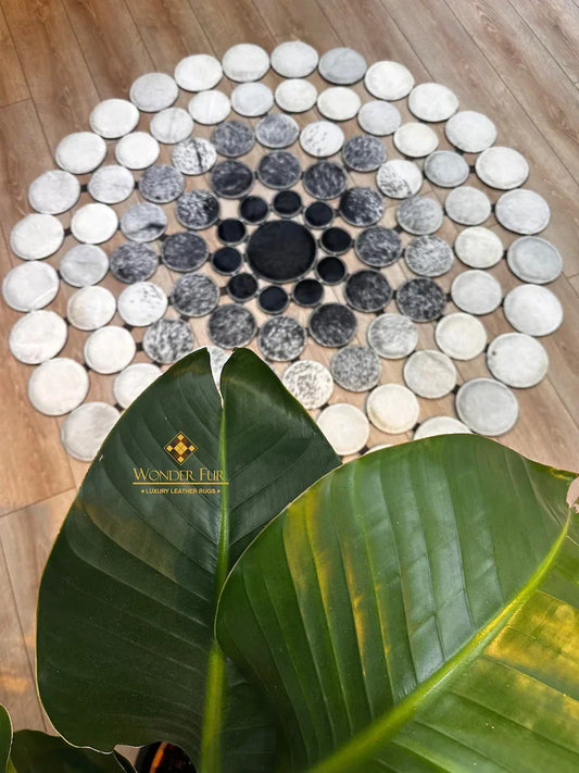 Unique Design Tricolor Natural Cowhide Round Rug, Elegance Handmade Cow Skin Carpet - WONDERFURRUG