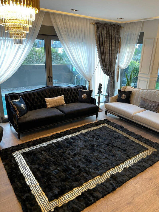 Unique Handmade Black Gold Real Sheepskin Soft Fluffy Living Room Rug