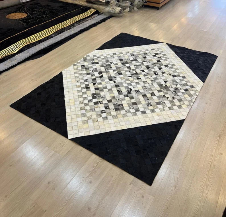 Unique Handmade Cowhide Area Rug, Real Hair on Leather Patchwork Rug, Indoor Rug, Genuine Cow Skin