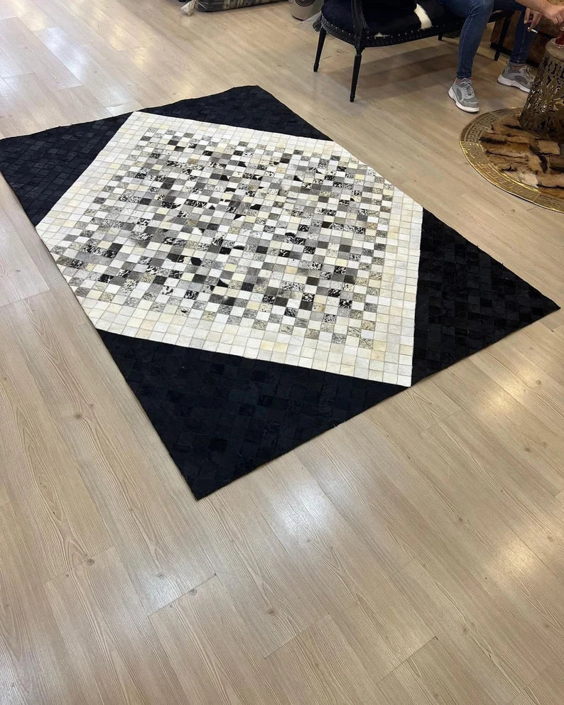 Unique Handmade Cowhide Area Rug, Real Hair on Leather Patchwork Rug, Indoor Rug, Genuine Cow Skin