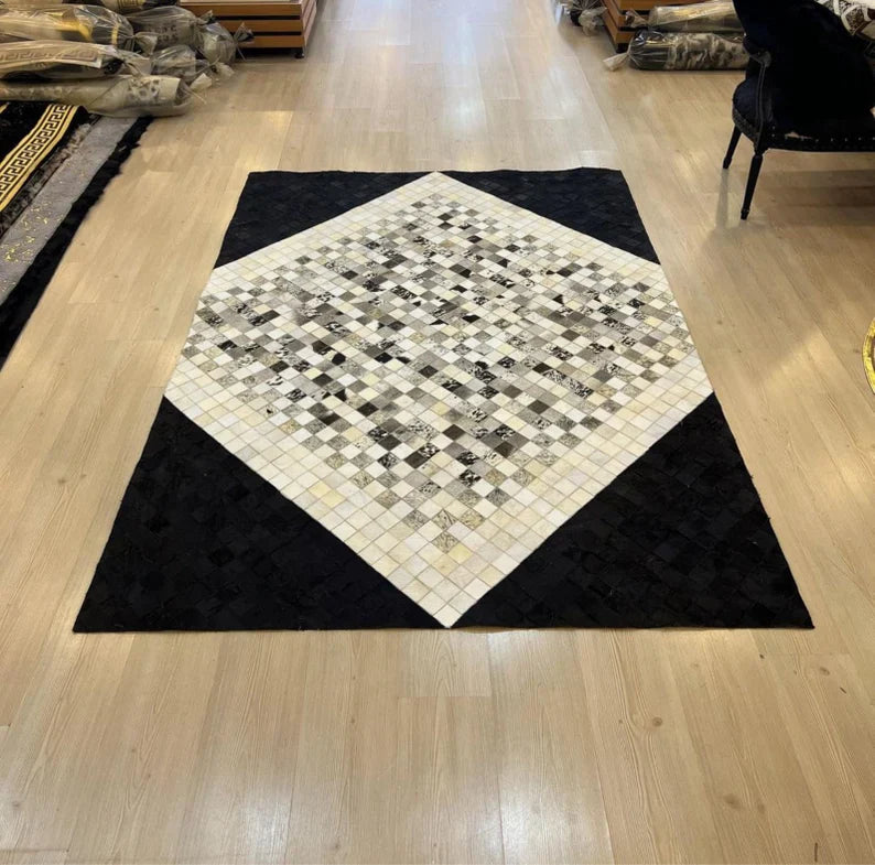 Unique Handmade Cowhide Area Rug, Real Hair on Leather Patchwork Rug, Indoor Rug, Genuine Cow Skin