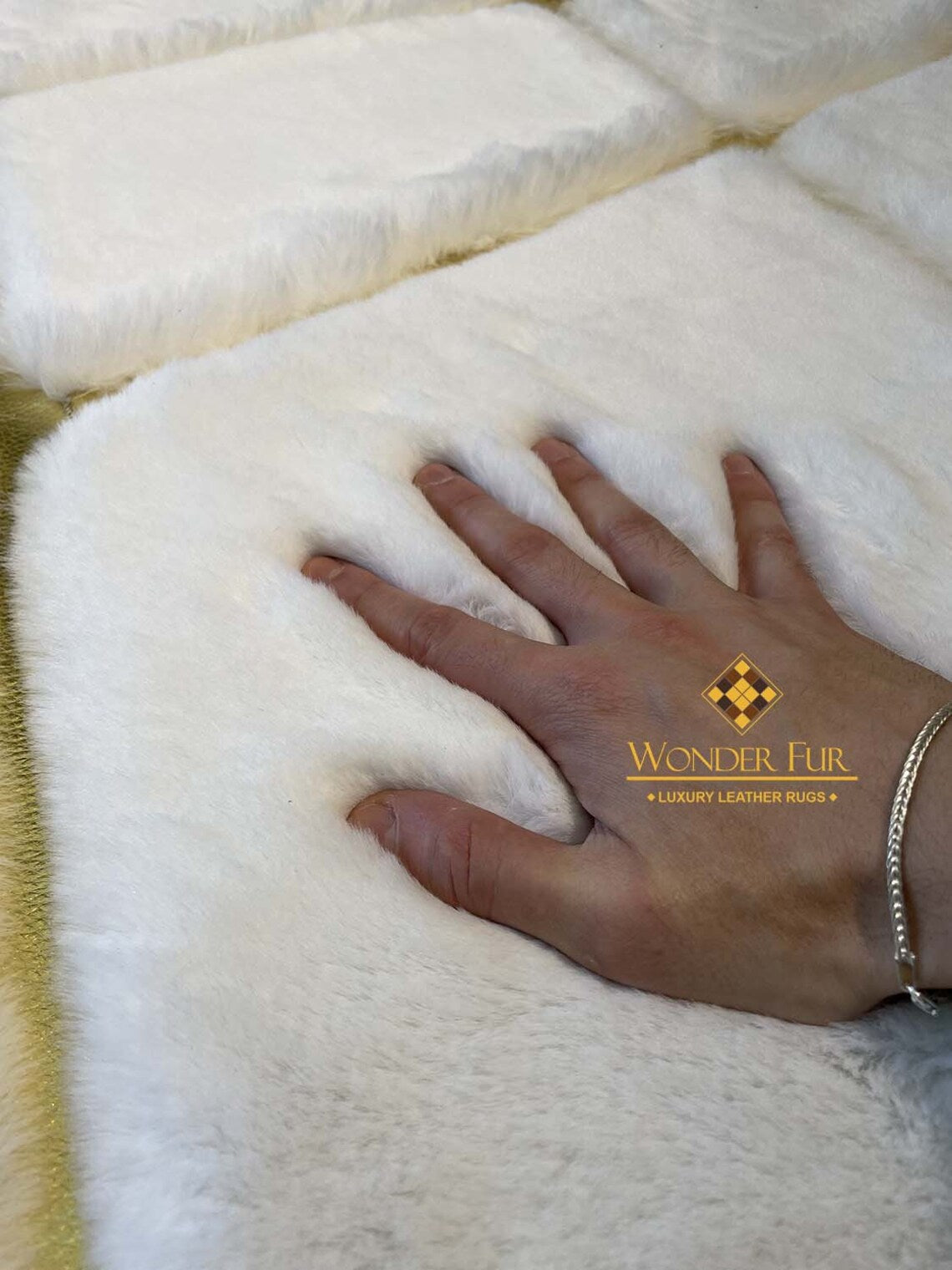 Unique Handmade Soft White And Gold Faux Fur Bedroom Area Fluffy Rug