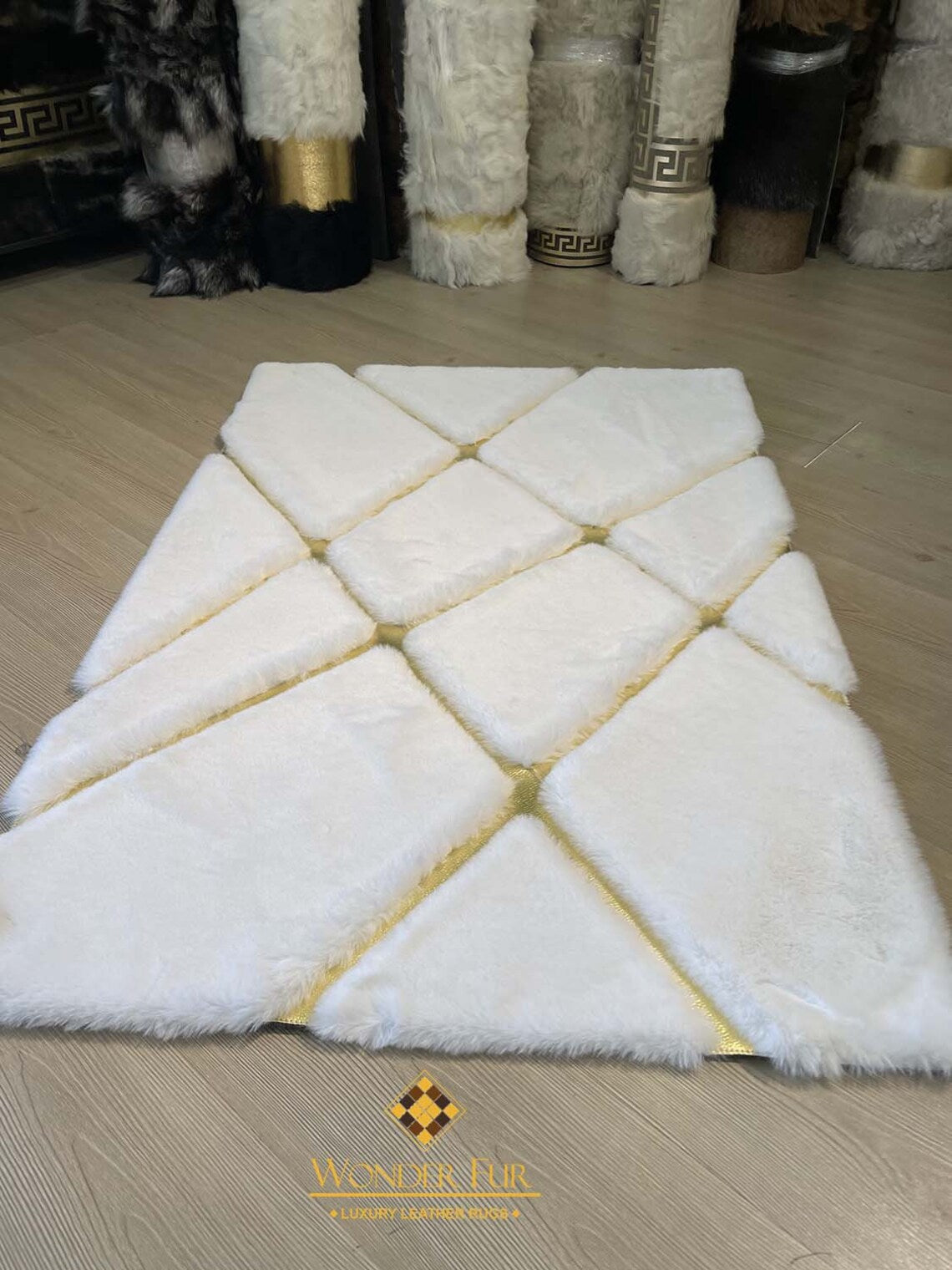 Unique Handmade Soft White And Gold Faux Fur Bedroom Area Fluffy Rug