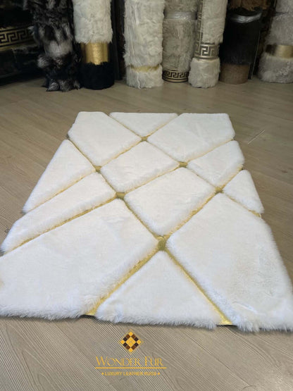 Unique Handmade Soft White And Gold Faux Fur Bedroom Area Fluffy Rug