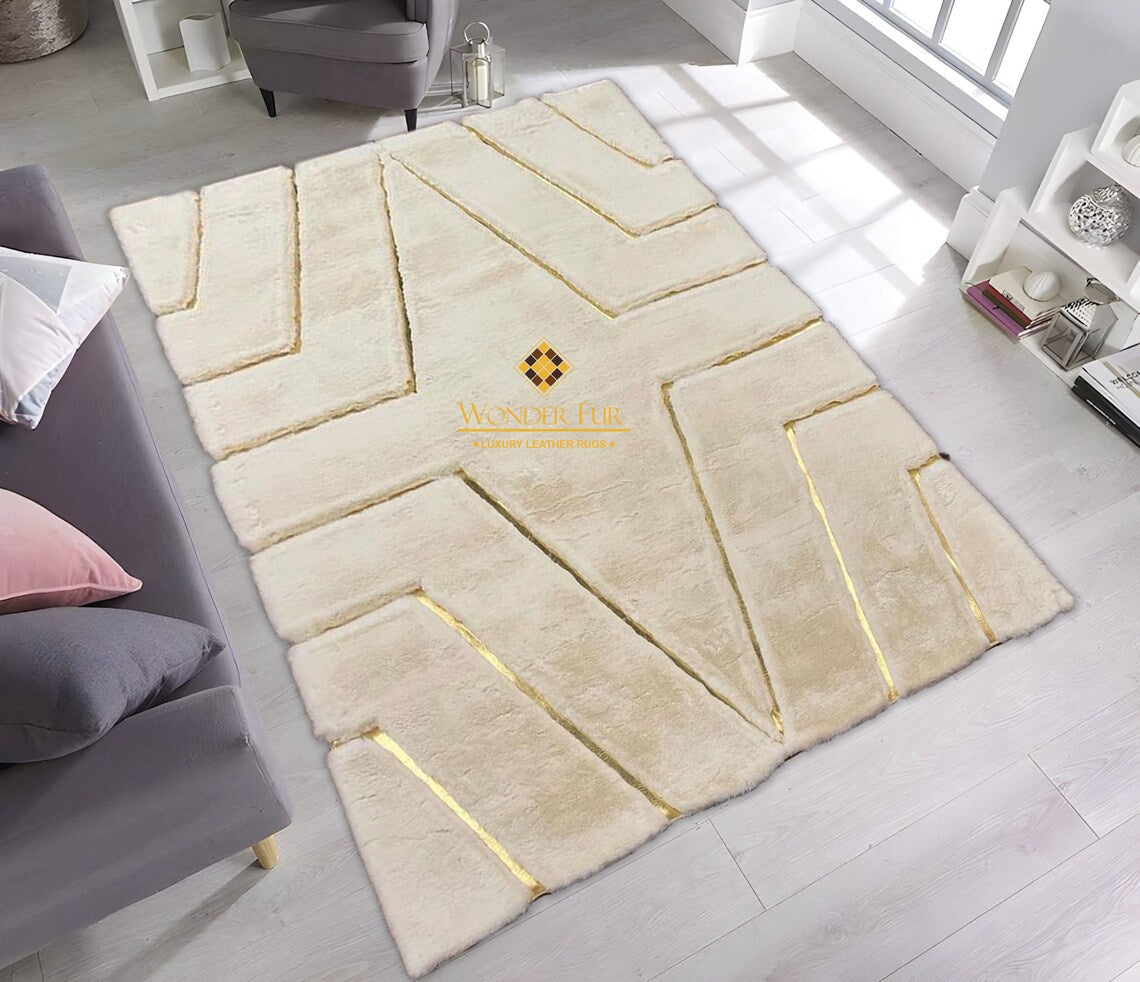 Unique Plush Soft Beige And Gold Faux Fur Bedroom Rug , Handmade Rug