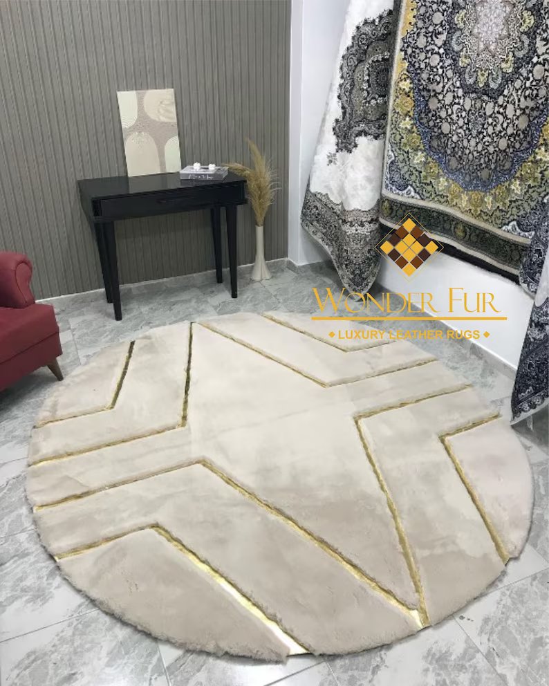 Unique Soft Handmade Beige And Gold Faux Fur Living Room Round Carpet