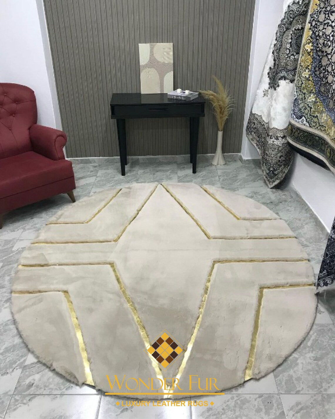 Unique Soft Handmade Beige And Gold Faux Fur Living Room Round Carpet