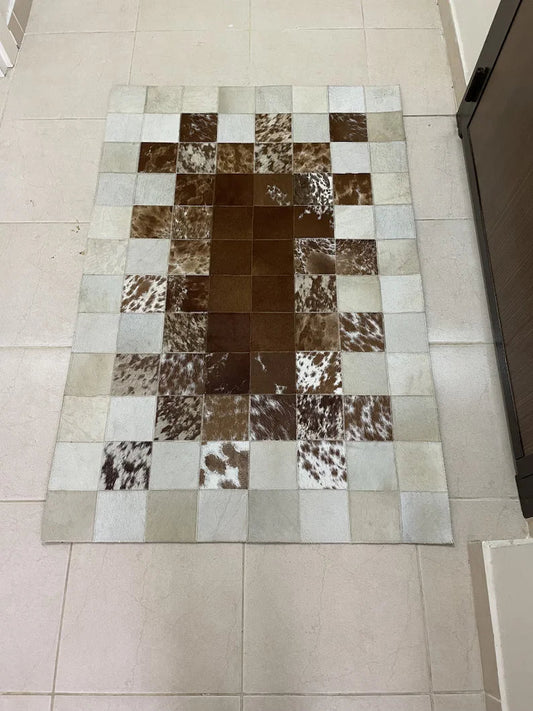 Unique Tricolor Handmade Cow Skin Carpet for Home Decor, 100% Natural Cowhide Runner Rug for Hallway