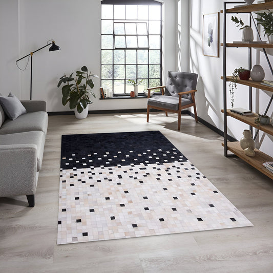 Unique White Black Cowhide Patchwork Rug, Handmade Cow Skin Area Carpet