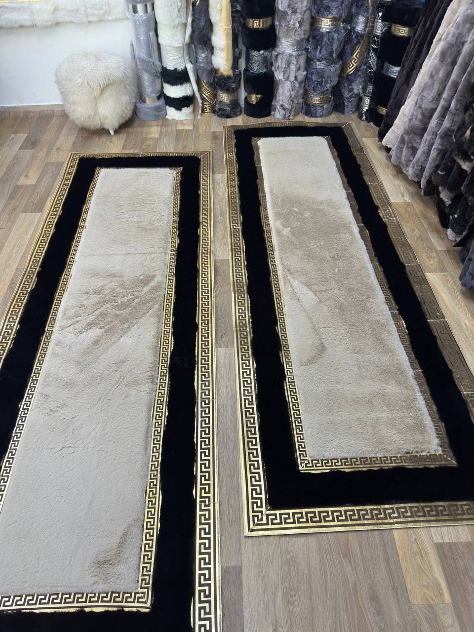 Handcrafted  Beige Black  Runner Rug with Plush Faux Fur – Modern & Cozy Touch