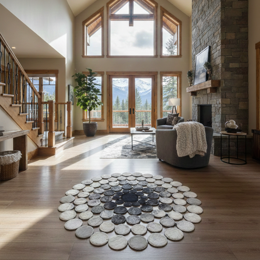 Unique Design Tricolor Natural Cowhide Round Rug, Elegance Handmade Cow Skin Carpet - WONDERFURRUG