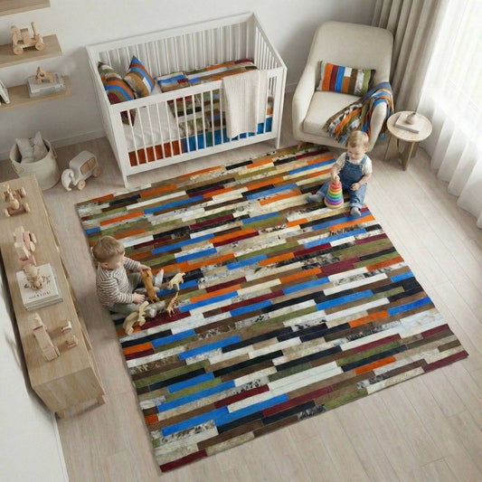 Vibrant Multicolor Patchwork Cowhide Rug – Modern Striped Leather Area Rug for Living Room & Nursery