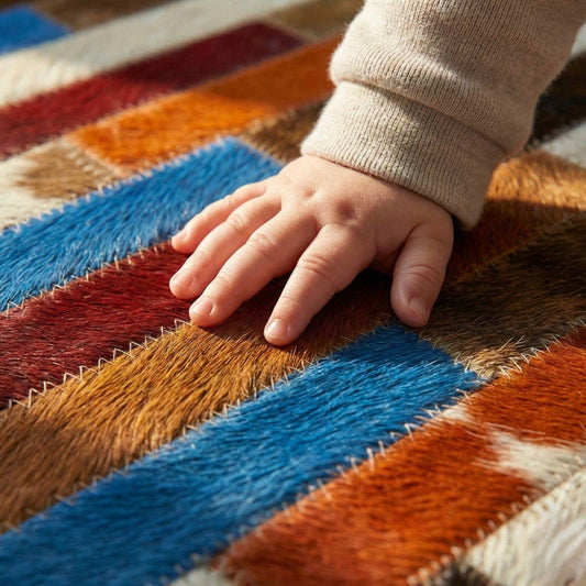 Vibrant Multicolor Patchwork Cowhide Rug – Modern Striped Leather Area Rug for Living Room & Nursery