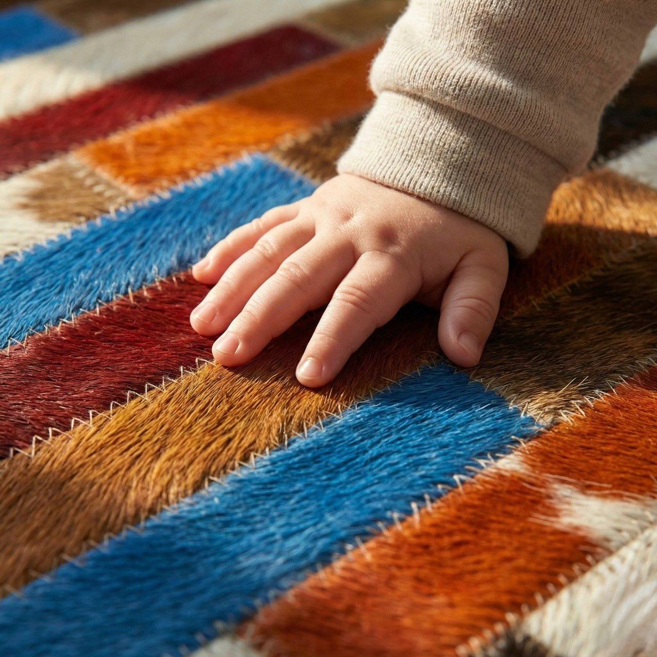 Vibrant Multicolor Patchwork Cowhide Rug – Modern Striped Leather Area Rug for Living Room & Nursery