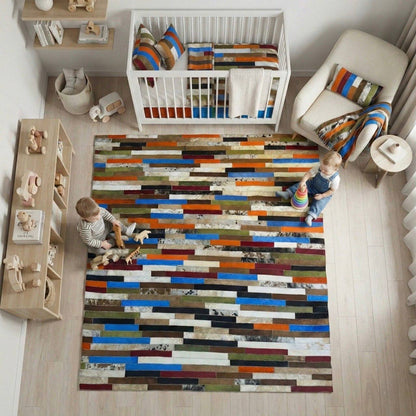 Vibrant Multicolor Patchwork Cowhide Rug – Modern Striped Leather Area Rug for Living Room & Nursery