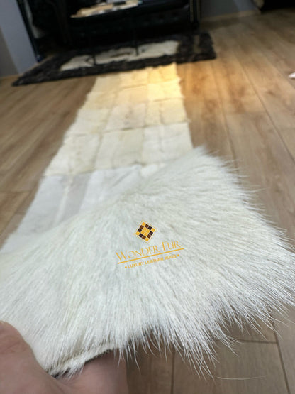 White Runner Goatskin Elegant Fluffy Rug , Handmade Soft Carpet