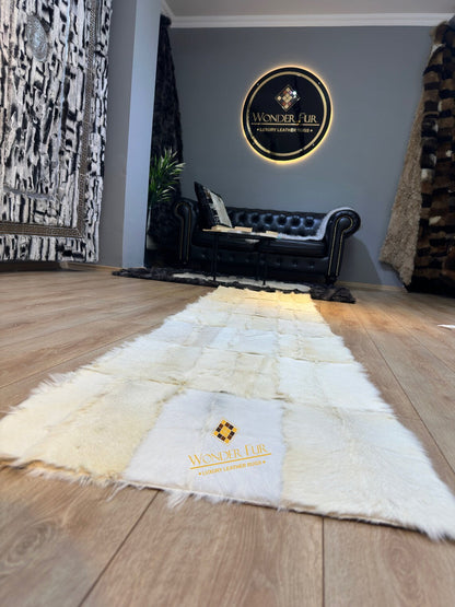 White Runner Goatskin Elegant Fluffy Rug , Handmade Soft Carpet